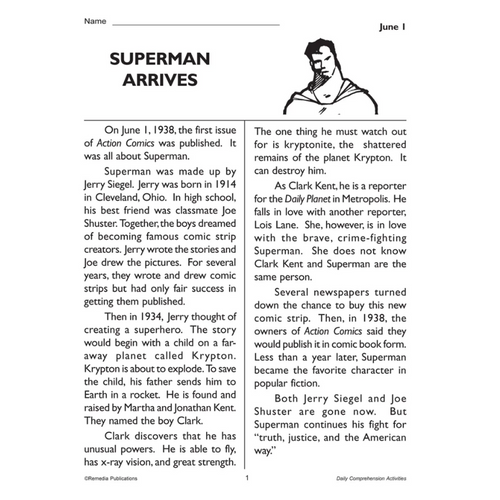 Daily Comprehension: Summer (June, July, & August)