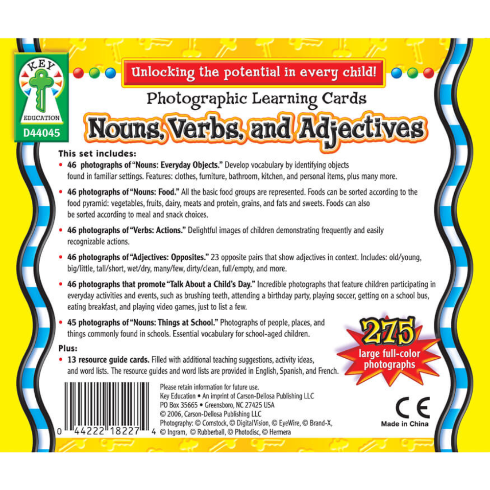 Nouns, Verbs and Adjectives Photo Learning Card Set