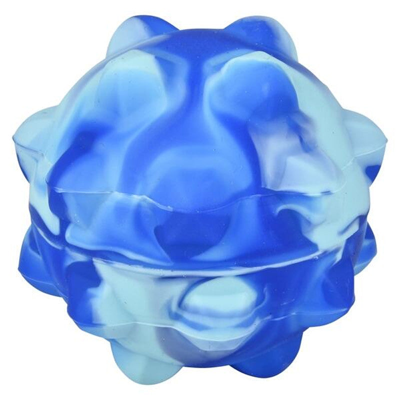 Blue and white bubble popper ball against a white background.