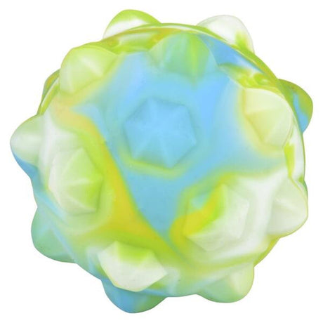 Green and blue swirl bubble popper ball against a white background.