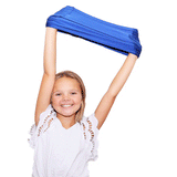 Girl holding stretch band over her head.