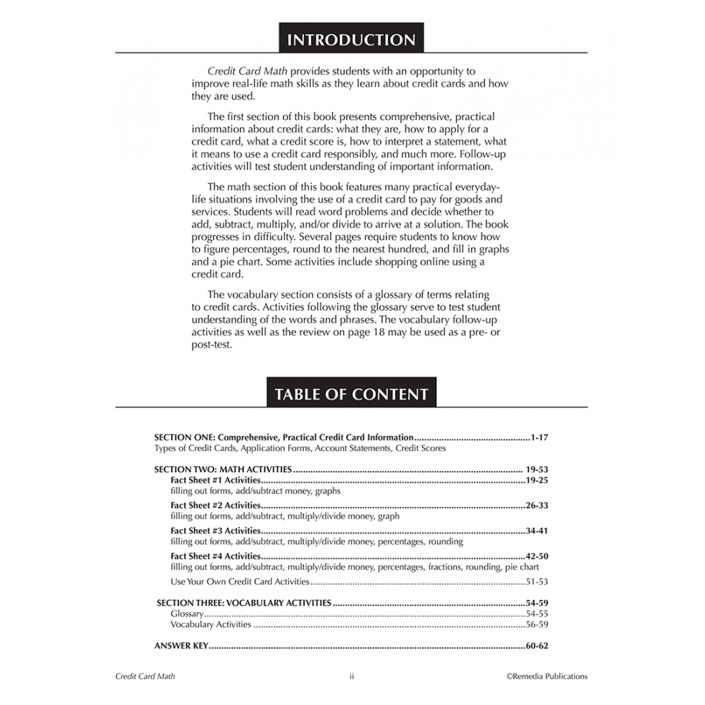 Life Skills Math Workbook Sample TOC