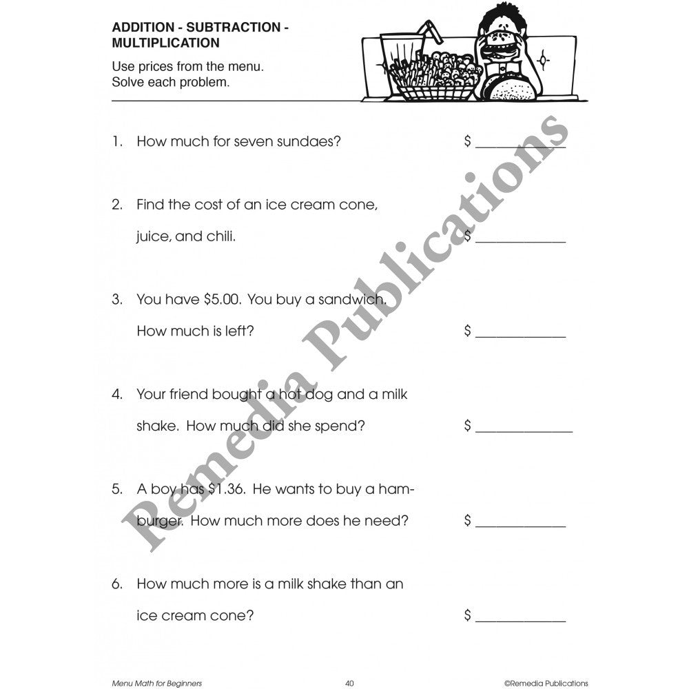 Menu Math Level 1 Sample Worksheet