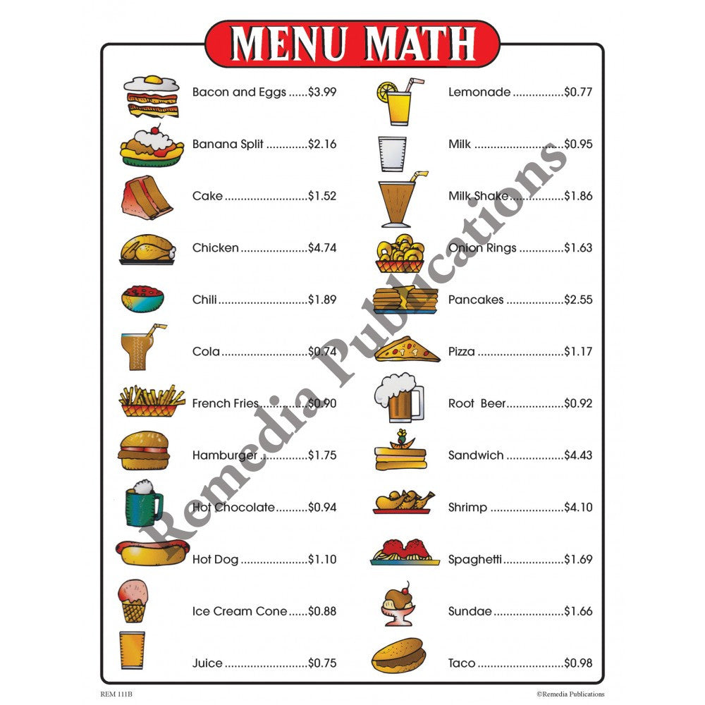 Menu Math Level 1 Sample Menu